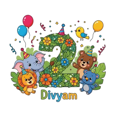 A vibrant cartoon illustration of a grand birthday celebration in a lush jungle. A happy baby lion, a cheerful baby elephant, a cute baby bear, and a brightly colored baby bird are all wearing tiny party hats. They are gathered around a prominent number '2' crafted from stylized leaves and bright flowers with sparkling accents, with the name 'Divyam' playfully written below it. The baby bear peeks out with curiosity from behind the '2'. Colorful confetti flutters around them, and floating balloons dot the simplified, joyful jungle backdrop.