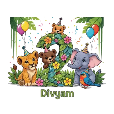 A vibrant, detailed illustration of a grand birthday celebration in a lush jungle. A realistic baby lion cub, a cheerful realistic baby elephant calf, a cute realistic baby bear cub, and a brightly colored realistic baby bird are all wearing tiny, detailed party hats. They are gathered around a prominent number '2' crafted from intricately stylized leaves and bright, sparkling flowers. The name 'Divyam' is playfully written below the number in a friendly font. The baby bear cub peeks out with curiosity from behind the '2'. Colorful confetti flutters gently, and floating balloons dot the simplified, joyful jungle backdrop, creating a magical, child-friendly scene.