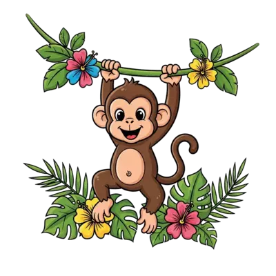 A super cute, playful cartoon baby monkey swinging happily on a vine, surrounded by lush green jungle leaves and colorful tropical flowers, in a vibrant, friendly style.
