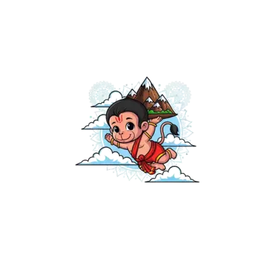 A super cute, chibi-style baby Hanuman flying through a sky filled with gentle clouds, carrying a miniature mountain. Vibrant colors, playful lines, with subtle traditional Indian patterns like mandalas in the background, perfect for a festive look.