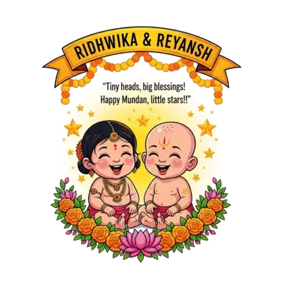 A vibrant illustration in a traditional Indian folk art style, depicting a joyful bald Indian baby girl (Ridhwika) and a bald Indian baby boy (Reyansh) sitting side-by-side, both with rosy cheeks and wide, happy smiles. They are encircled by a lush, intricate garland of bright marigold flowers and delicate lotus petals. Above them, a festive, flowing banner in warm tones displays 'RIDHWIKA & REYANSH' in a playful, golden script. Playful, golden stars twinkle around the babies, and nestled among them, the quote 'Tiny heads, big blessings! Happy Mundan, little stars!!' appears in a whimsical, starry font. The overall palette is rich with celebratory yellows, oranges, and fuchsia pinks, set against a soft, glowing background.