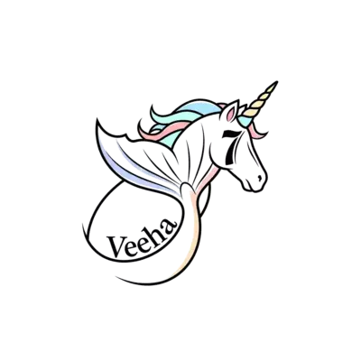 A minimalist illustration featuring a graceful, stylized mermaid tail elegantly merging with a whimsical unicorn horn, rendered in clean lines and soft pastel colors. The name 'Veeha' and the number '7' are subtly integrated within the design, creating a modern and serene graphic.