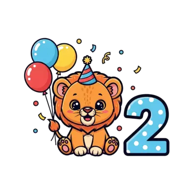 A cute cartoon baby lion cub wearing a tiny party hat, surrounded by colorful balloons and confetti, with a big number '2' next to it, in a playful kawaii style, vibrant colors, white background