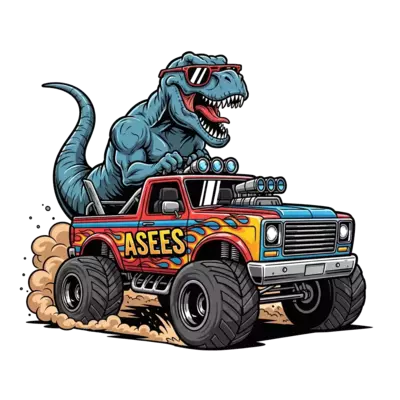 A powerful, stylized T-Rex wearing cool sunglasses, confidently driving a custom-built, vibrant monster truck through a dusty desert. The truck has bold flames and the name 'Asees' integrated into the design. Dynamic, cool cartoon style with strong lines and bright, contrasting colors.