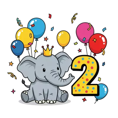 A super cute baby elephant wearing a tiny birthday crown, surrounded by colorful balloons and confetti, with the number '2' prominently displayed, in a cheerful cartoon style.