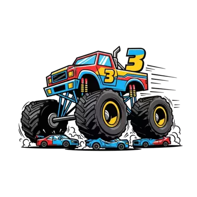 A dynamic illustration of a big, bold monster truck crushing smaller cars, with the number '3' integrated into the design, in a cool, slightly edgy cartoon style with bright primary colors and speed lines.