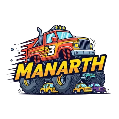 A vibrant cartoon illustration of a powerful monster truck, number '3' prominently displayed, crushing small cars. The name 'Manarth' is integrated boldly and dynamically into the scene, with bright primary colors, speed lines, and a slightly edgy, fun style.