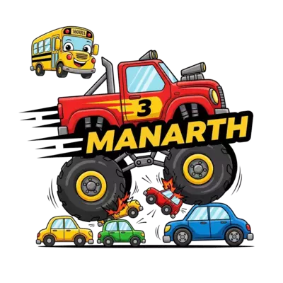 A vibrant cartoon illustration of a powerful red monster truck with number '3' prominently displayed, crushing small, colorful toy cars. The name 'Manarth' is integrated boldly into the scene with speed lines. Surrounding the monster truck are various other cute cartoon vehicles like a yellow school bus and a blue sedan, all with a slightly edgy, fun style and bright primary colors.