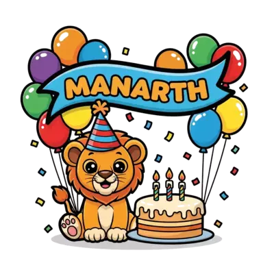 A cute cartoon lion cub wearing a party hat, sitting next to a big birthday cake with 3 candles, surrounded by colorful balloons and confetti. The name 'Manarth' is playfully integrated into a banner or a balloon. Vibrant, happy cartoon style.