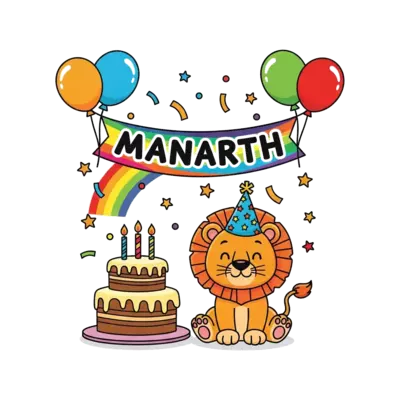 A joyful cartoon lion cub, wearing a sparkly party hat, sitting proudly beside a towering birthday cake with 3 glowing candles. 'Manarth' is written in playful, bold letters across a vibrant rainbow banner held by two cheerful balloons. Confetti and stars twinkle around them, in a bright and happy cartoon style.