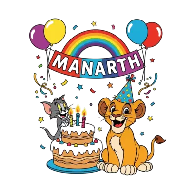 A joyful cartoon lion cub, wearing a sparkly party hat, sitting proudly beside a towering birthday cake with 3 glowing candles. Tom and Jerry are playfully peeking from behind the cake, smiling. 'Manarth' is written in playful, bold letters across a vibrant rainbow banner held by two cheerful balloons. Confetti and stars twinkle around them, in a bright and happy cartoon style.