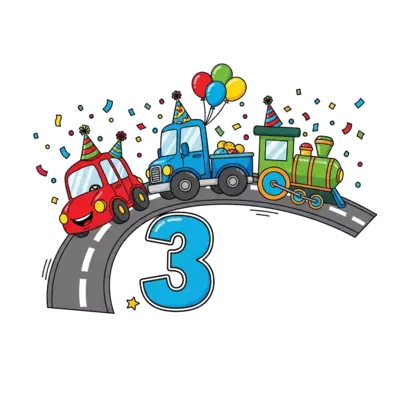A cute cartoon birthday parade featuring a happy red car, a blue truck, and a green train, all adorned with party hats and balloons, driving along a road with the number '3' prominently displayed, surrounded by colorful confetti and a bright, joyful atmosphere, in a vibrant, playful style.