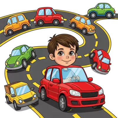 boy drive scorpio pn the road with other cars and trucks 
Boy are looking like real