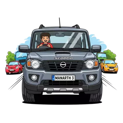 A vibrant, semi-realistic illustration of a happy Indian boy confidently driving a detailed, dark grey Scorpio SUV. The car's license plate clearly displays 'MANARTH 3' in a bold, readable font. The Scorpio is on a sunny road, with other colorful cartoon cars and trucks in the background, all in a friendly, dynamic street scene.