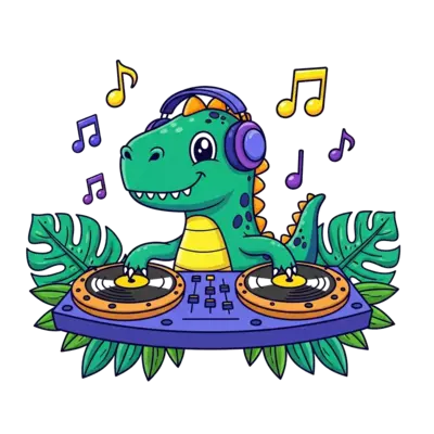 A super cute cartoon dinosaur DJ, wearing headphones, spinning records made of giant cookies, surrounded by playful musical notes and lush green jungle leaves, in vibrant green, blue, and purple tones.