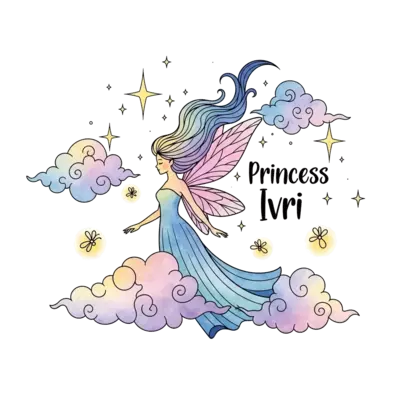A whimsical illustration of a graceful fairy princess with long flowing hair, surrounded by shimmering stars, soft pastel clouds, and delicate glowing fireflies, with the text 'Princess Ivri' integrated subtly into the magical scene, dreamy watercolor style.