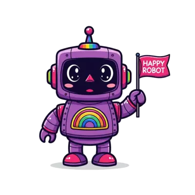 A super cute, friendly cartoon robot with big eyes, designed in shades of purple and pink, with rainbow accents, holding a small flag that says 'Happy Robot', playful and cheerful style, vibrant colors.