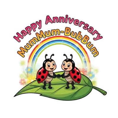 A whimsical garden scene with two adorable, smiling cartoon ladybugs or bees holding hands on a giant leaf. Above them, arching gracefully like a rainbow, the message 'Happy Anniversary MumMum-BubBum' is displayed in a cheerful, bubble-letter font, using a gradient of bright, complementary colors like pink, orange, and yellow. The background has soft, blurred flowers and sparkles, creating a magical, innocent atmosphere.