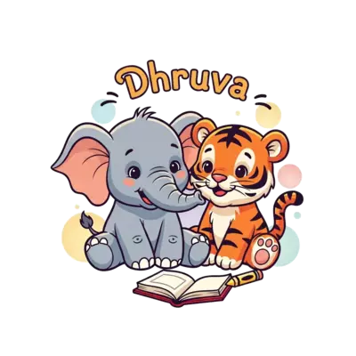 A heartwarming illustration of a friendly, realistic baby elephant and a baby tiger sitting together, both smiling gently. They are surrounded by subtle, colorful school-themed elements like a small book and a crayon. The name "Dhruva" is playfully integrated into the scene. Vibrant, warm colors with soft lighting.