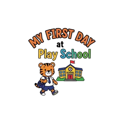 It should have words "My first day at Play School" in caps. MY FIRST DAY in first line in curved shape and AT PLAY SCHOOL in next line in straight line. 

It should have image of Tiger dressed in simple school uniform with a school bag going to play school. Play school building also should be there.