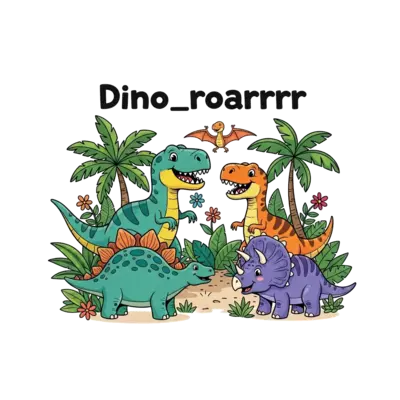 A group of cheerful, colorful cartoon dinosaurs, like a T-Rex, Stegosaurus, and Triceratops, playing happily in a vibrant jungle, with the text 'Dino_roarrrr' in a playful, bold font.