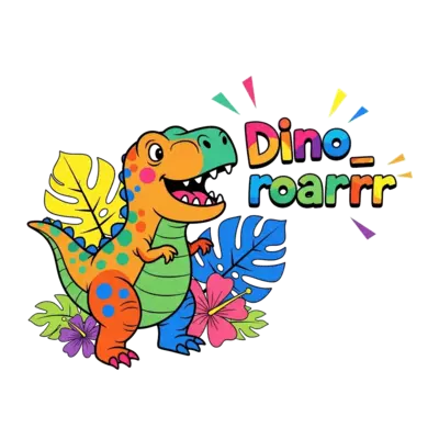A single, friendly, super colorful T-Rex roaring playfully amidst bright tropical leaves and flowers, with the text 'Dino_roarrrr' bursting in vivid hues, in a modern cartoon style.