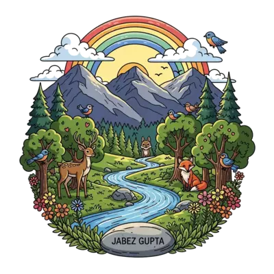 A highly detailed and artistic illustration of a serene mountain landscape at sunrise, with a winding river flowing through a lush forest. Friendly forest animals like a deer, fox, and birds are subtly integrated among the trees and flowers. A soft rainbow arcs across a sky with gentle clouds, and the name 'Jabez Gupta' is subtly incorporated into the natural elements, perhaps on a smooth river stone or a tree trunk.