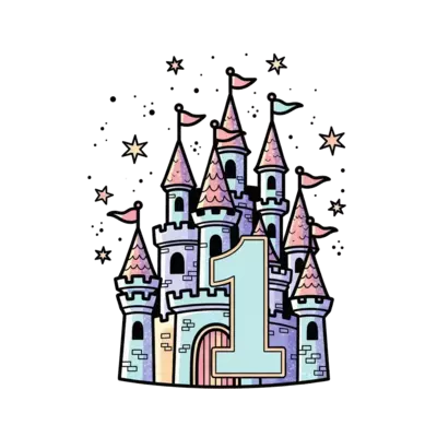 A whimsical, sparkling princess castle with turrets and flags, surrounded by floating stars and glitter, with a prominent number '1' integrated into the design, in a soft pastel color palette, magical illustration style.