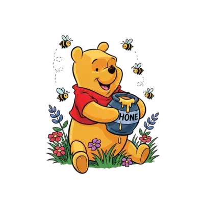 A cheerful Winnie the Pooh, with his classic red t-shirt, happily holding a dripping honey pot, surrounded by buzzing bees and wildflowers in the Hundred Acre Wood, in a warm, friendly storybook illustration style with vibrant colors.