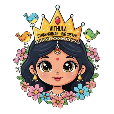 A charming cartoon Indian princess with big, sparkling eyes and a warm smile, wearing a glittering crown that says 'Vithula Uthayakumar - Big Sister'. She is surrounded by soft, pastel flowers and little friendly birds, in a cute, whimsical style with bright, cheerful colors.