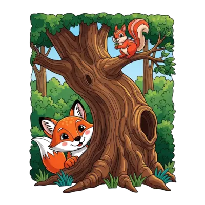 A vibrant, detailed illustration of a friendly, curious fox peeking out from behind a large, gnarled tree trunk, with a cheerful squirrel balancing on a branch above. Lush green forest background with dappled sunlight, realistic textures with a touch of whimsical charm, rich colors.