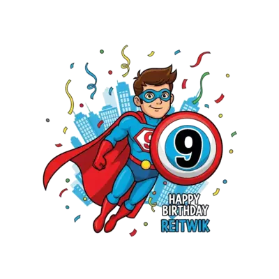 A dynamic cartoon illustration of a powerful superhero (inspired by Reitwik, 9 years old) flying through a city skyline, holding a shield with a bold '9' on it. Confetti and streamers are raining down, and a cheerful 'Happy Birthday Reitwik' banner is subtly integrated into the background. Vibrant colors, comic book style.