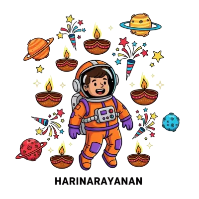 A cheerful cartoon astronaut Harinarayanan floating in space, surrounded by sparkling diyas and firecracker-like stars, with colorful planets in the background, vibrant and playful style.
