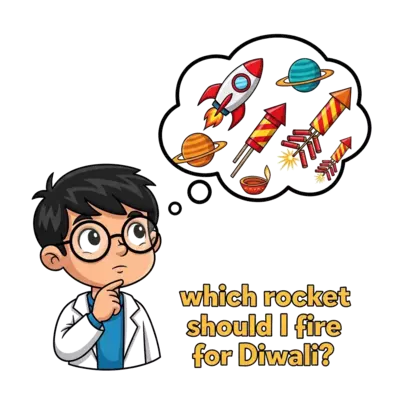 Boy astro physicist thinking about rockets and planets and diwali rockets. Text:  which rocket should I fire for diwali?