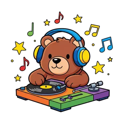 A cheerful cartoon bear DJ wearing oversized headphones, spinning records on a colorful turntable, surrounded by floating musical notes and stars, vibrant and playful style.