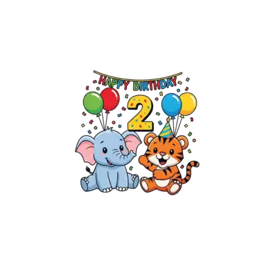 A cute cartoon baby elephant and a playful baby tiger celebrating Dhruva's 2nd birthday, surrounded by balloons and confetti, with the number '2' prominently displayed, vibrant and cheerful style.