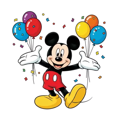 A cheerful cartoon Mickey Mouse character, full body, waving happily, surrounded by colorful balloons and confetti, vibrant and playful style, white background