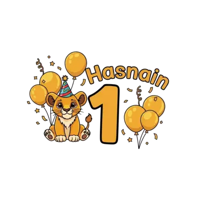 A super cute baby lion cub wearing a tiny party hat, surrounded by golden balloons and confetti, with the number '1' prominently displayed, in a cheerful cartoon style, 'Hasnain' written playfully beside it.