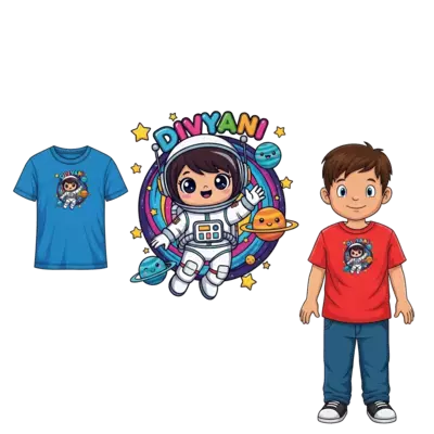 A super cute cartoon astronaut girl, with big friendly eyes, floating happily in a colorful galaxy, surrounded by smiling planets and sparkling stars. Her name 'Divyani' is playfully integrated into the starry background. Vibrant and adorable illustration style.