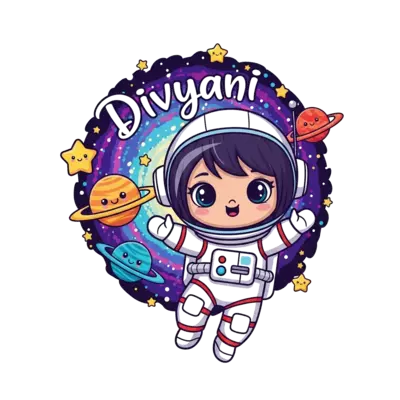 A super cute cartoon astronaut girl, with big friendly eyes, floating happily in a colorful galaxy. She is surrounded by smiling planets and sparkling stars. The name 'Divyani' is integrated into the starry background using a whimsical, handwritten font. Vibrant and adorable illustration style, high detail.