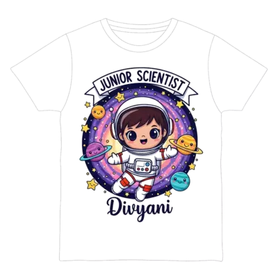 A super cute cartoon astronaut girl, with big friendly eyes, floating happily in a vibrant galaxy. She is surrounded by smiling planets and sparkling stars. The name 'Divyani' is integrated into the starry background using a whimsical, handwritten font. Above her, the words 'Junior Scientist' appear in a playful, cosmic banner. Vibrant and adorable illustration style, high detail.