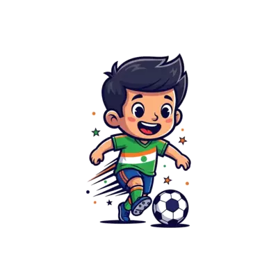 A super cute cartoon Indian boy named Atharv, wearing a vibrant football jersey, playfully dribbling a soccer ball with a big, cheerful smile, surrounded by tiny stars and a dynamic motion blur, in a bright and energetic style.