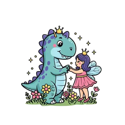 A whimsical cartoon scene featuring a friendly, pastel-colored dinosaur wearing a tiny crown, gently interacting with a cute fairy princess, surrounded by sparkling flowers and magical dust, in a playful and sweet style.