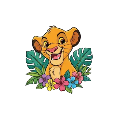 A cute, playful young Simba cub with a mischievous grin, surrounded by vibrant jungle leaves and colorful, exotic flowers, in a cheerful Disney-inspired cartoon style.