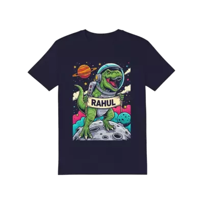 A bold and cool illustration of a T-Rex astronaut roaring on a moon landscape, with planets and stars in the background, holding a banner that says 'Rahul', in a vibrant, comic book art style.