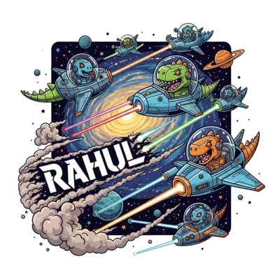 An epic space battle scene between friendly, robotic dinosaurs and alien spacecraft, with 'Rahul' boldly written in cosmic dust, rendered in a striking, action-packed graphic novel style.