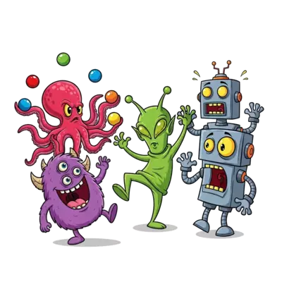 A vibrant and chaotic cartoon illustration featuring a group of funny, wacky, and diverse characters – a juggling octopus, a dancing alien, a giggling monster, and a surprised robot – all interacting in a silly, exaggerated way, with bright, clashing colors and playful energy.