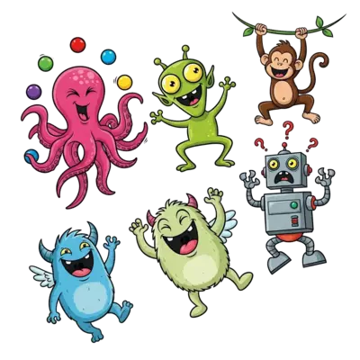 A vibrant and chaotic cartoon illustration featuring a group of funny, wacky, and diverse characters: a juggling octopus, a dancing alien, a giggling monster, a surprised robot, and a happy, bouncy cartoon character (like a friendly dragon or a mischievous monkey) all interacting in a silly, exaggerated way, with bright, clashing colors and playful energy, isolated on a white background.