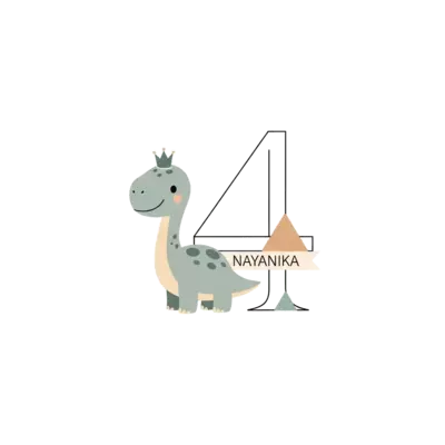 A minimalist illustration of a friendly, stylized baby Brontosaurus wearing a tiny birthday crown, standing next to a clean, modern number '4'. The name 'Nayanika' is subtly integrated into the design. Soft, muted pastel colors, geometric shapes, vector art style.