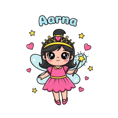 A whimsical illustration of a cute cartoon fairy princess with big, sparkling eyes, gently flying with glittery wings, holding a tiny magic wand. She is surrounded by floating hearts and stars, with the name 'Aarna' written in a cheerful, bubbly font above her.